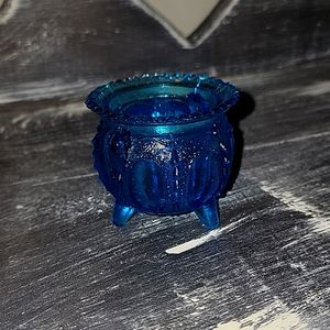 Clear Blue Glass Mini 3 Footed Bowl Trinket Dish with Bubble Rim